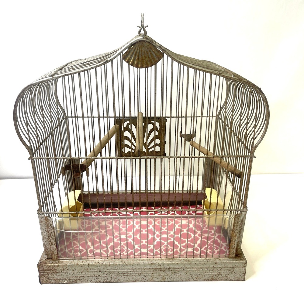 Vintage CROWN‎ Wire Bird Cage w Original Feeder Trays & Slide Tray Hang Hook